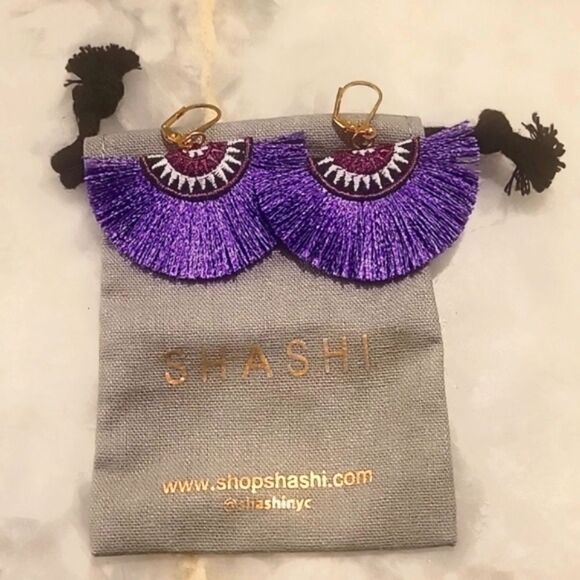 NWT Shashi Sophie Purple Earrings Fringe Woven Boho Embroidered Fan Tassel Gold - Picture 2 of 4